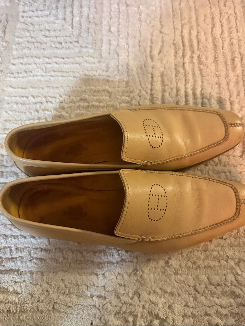 Hermes Light Beige Leather Men's Slip-On Loafers with Perforated Logo